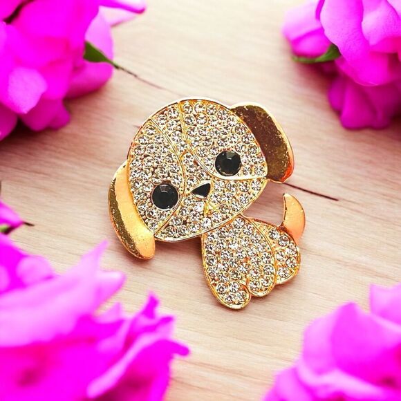 Gold Tone Rhinestone Dog Brooch - Picture 2 of 4